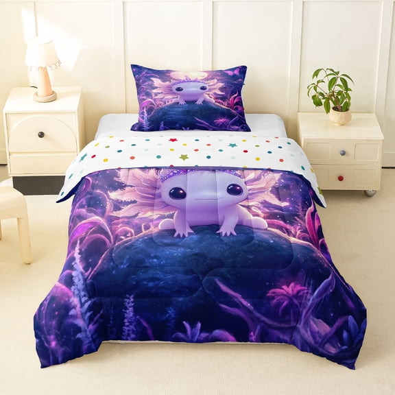 Manfei Magical Axolotl Twin Comforter Sets,Cute Animal Bedding Set For Girls,Purple Pink,Polkadot Reversible,2-Piece,1 Comforter and 1 Pillowcase