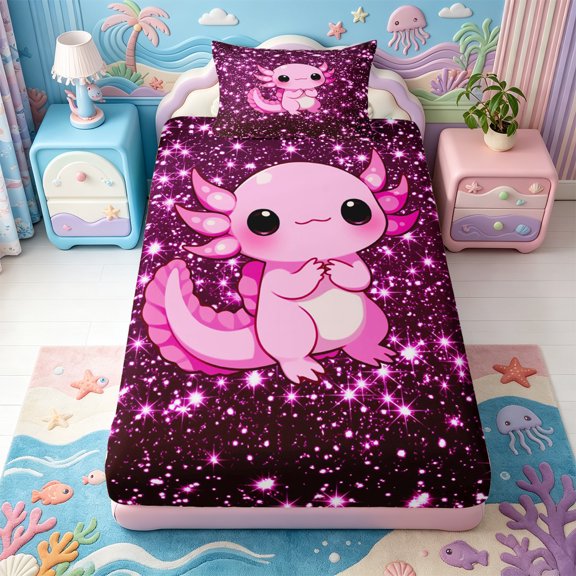 Manfei Magical Axolotl Twin Fitted Sheet,Animals Print Bedding,2 Pieces,1 Fitted Sheet and 1 Pillowcase