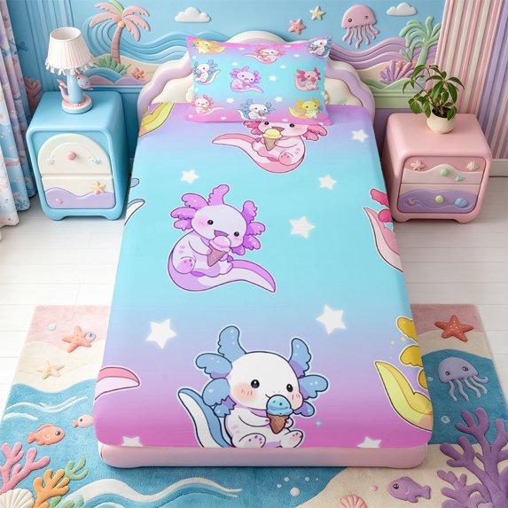 Manfei Magical Axolotl Twin Fitted Sheet,Cute Aniaml Salamander Bedding,2pcs,1 Fitted Sheet and 1 Pillowcase