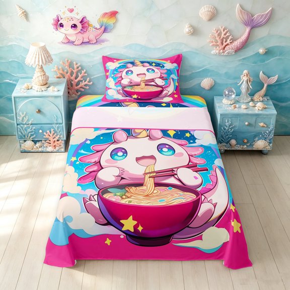Manfei Magical Axolotl Twin Sheets, Rainbow Star Bedding, Hot Pink, 3-Piece, 1 Flat Sheet, 1 Fitted Sheet and 1 Pillowcase