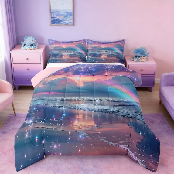 Manfei Magical Beach Rainbow Full Size Comforter Sets for Girls, Coastal Fantasy Print Bedding Sets, Pink Reversible 3pcs, 1 Comforter and 2 Pillowcases
