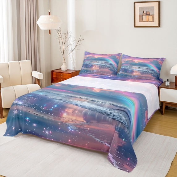 Manfei Magical Beach Rainbow Queen Sheet Sets for Girls, Coastal Fantasy Print Bed Set 4pcs, 1 Flat Sheet, 1 Fitted Sheet and 2 Pillowcases