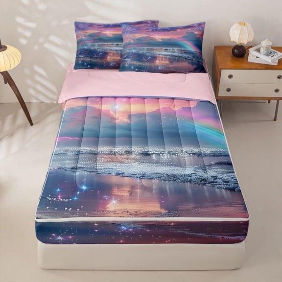 Manfei Magical Beach Rainbow Zipper Twin Comforter Sets with Fitted Sheet and 2 Pillowcases for Girls, Coastal Fantasy Print Zipper Bedding Set, Pink Reversible, 4 Pieces