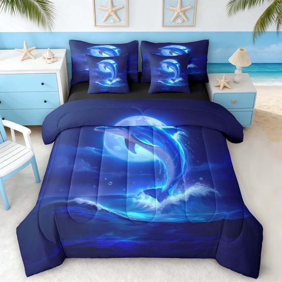 Manfei Magical Blue Moon Dolphin Bedding Comforter Set for Kids Boys and Girls, Romantic Coastal Print Full Bedding Set, Black Reversible 7pcs
