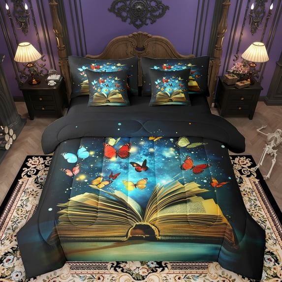 Manfei Magical Books Child 7-Piece Twin Bedding Sets, Fairy Tale Butterfly Bedding Comforter Set, Glitter Dreamy Galaxy Reversible Sheet Sets, Breathable Home Decor