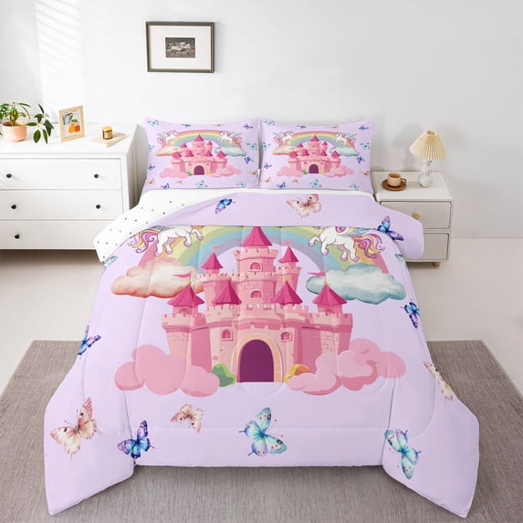 Manfei Magical Castle Queen Comforter Set,Magic Unicorn Butterfly Comforter Sets Queen,Pink Multicolor,Reversible,3pcs,1 Comforter and 2 Pillowcases