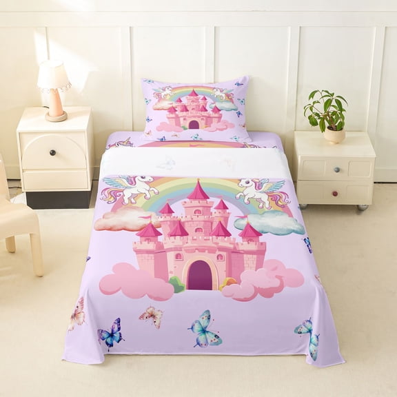 Manfei Magical Castle Twin Sheets,Magic Unicorn Butterfly Bedding,Pink Multicolor,3-Piece,1 Fitted Sheet and 1 Pillowcase