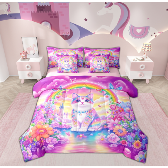 Manfei Magical Cat Animal Twin Bedding Sets 7-Piece for Teen, Princess Castle Bedding Comforter Set, Rainbow Floral Butterfly Reversible Sheet Sets, Luxury Bedroom Decor