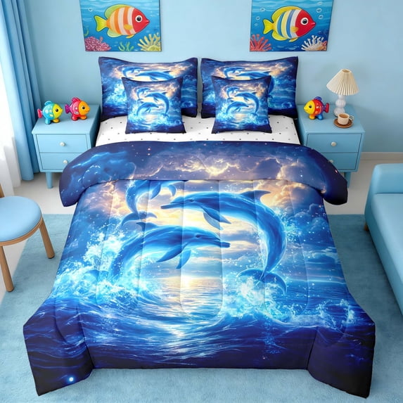Manfei Magical Dolphin Jumping Ocean Twin Bedding Sets for Kids Boys and Girls, Fantasy Starry Sky Bedding Comforter Set, Reversible 7 Pieces