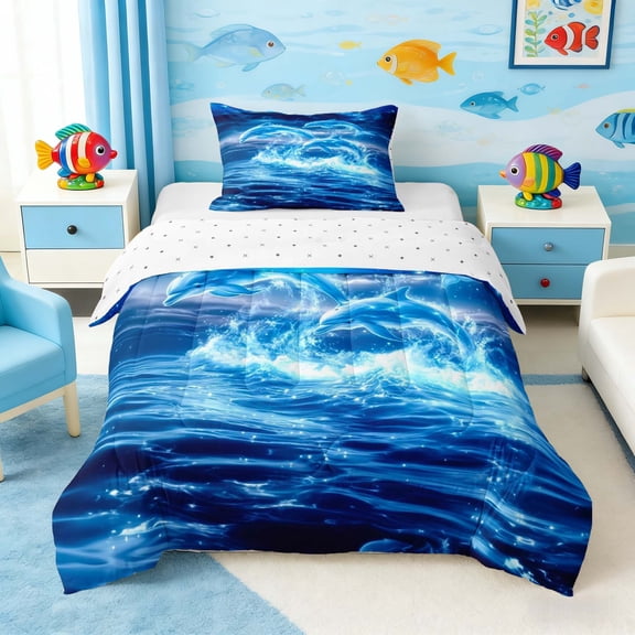 Manfei Magical Dolphin Jumping Ocean Twin Comforter Sets for Kids Boys and Girls, Marine Fantasy Starry Sky Bedding Set, Reversible 2-Piece, 1 Comforter and 1 Pillowcase