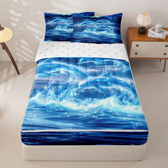 Manfei Magical Dolphin Jumping Ocean Zipper Twin Comforter Sets with Fitted Sheet and 2 Pillowcases for Kids Boys and Girls, Marine Fantasy Starry Sky Zipper Bedding Set, Reversible, 4pcs