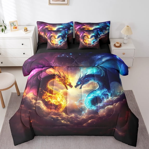 Manfei Magical Dragon 7-Piece Twin Bedding Sets,Magic Animal Bedding Comforter Set,Blue Yellow Breathable Sheet Sets,Microfiber Abstract Bedroom Decoration,Reversible