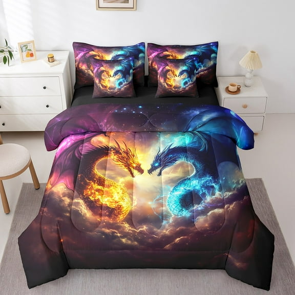 Manfei Magical Dragon 7-Piece Twin Bedding Sets,Magic Animal Bedding Comforter Set,Blue Yellow Breathable Sheet Sets,Microfiber Abstract Bedroom Decoration,Reversible