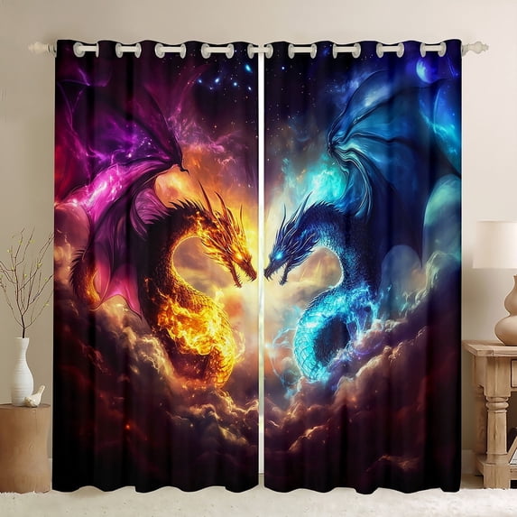 Manfei Magical Dragon Black Out Curtains,Magic Animal Curtains Pack of 2 (42x63 Each),Blue Yellow Bedroom Curtains,Abstract Bedroom Decoration