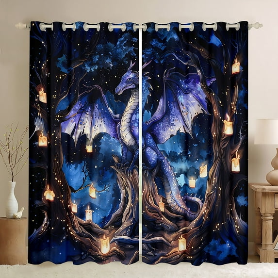 Manfei Magical Dragon Black Out Curtains, Magic Wildlife Curtains Pack of 2 (42x63 Each), Jungle Tree Brances Bedroom Curtains Luxury Room Decor