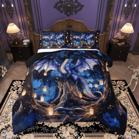 Manfei Magical Dragon Full Size Comforter Sets, Magic Wildlife Bedding Comforter Set, Jungle Tree Brances Bedding Sets Lightweight Room Decor Reversible 3pcs