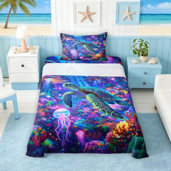 Manfei Magical Glowing Sea Turtle Twin Sheet Sets for Kids Boys and Girls, Ocean Fantasy Jellyfish Coral Bedding 3pcs, 1 Flat Sheet, 1 Fitted Sheet and 1 Pillowcase