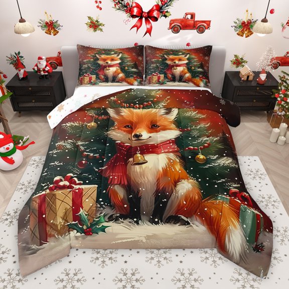 Manfei Magical Gold Fox Bedding Comforter Set for Teens, Kawaii Christmas Animal Twin Comforter Sets, Happy New Year Reversible Bedding Set, Luxury Bedroom Decor, 2 Pieces