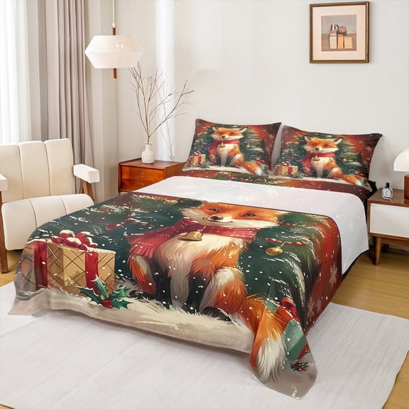 Manfei Magical Gold Fox Twin Sheet Sets for Teens, Kawaii Christmas Animal Twin Fitted Sheet, Happy New Year Flat Sheet, Luxury Bedroom Decor, 3 Pieces