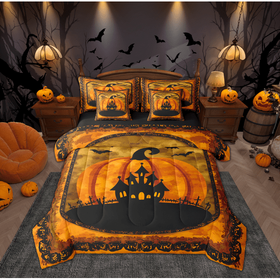 Manfei Magical Gothic Castle Bedding Comforter Set 7pcs, Cartoon Pumpkin Queen Bedding Sets, Orange Black Halloween Reversible Queen Sheet Sets, Microfiber Bedroom Decor