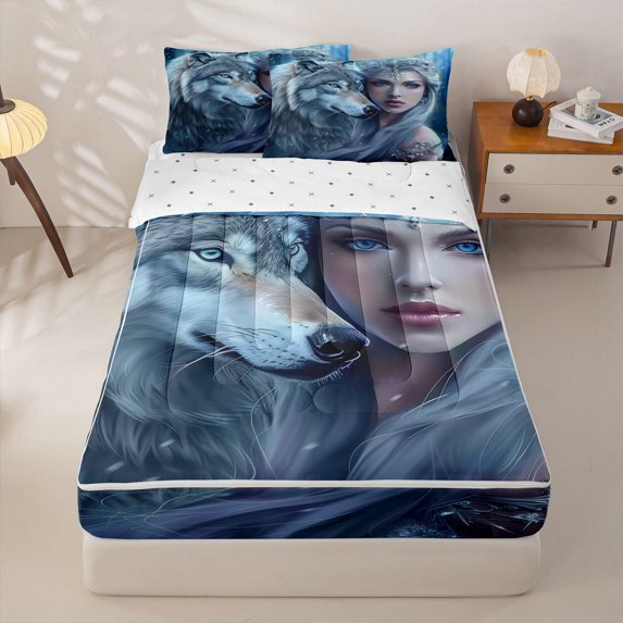 Manfei Magical Lady Zipper Twin Comforter Sets with Fitted Sheet and 2 Pillowcases,Wild Wolf Zipper Bedding Set,Gray,Reversible,4pcs