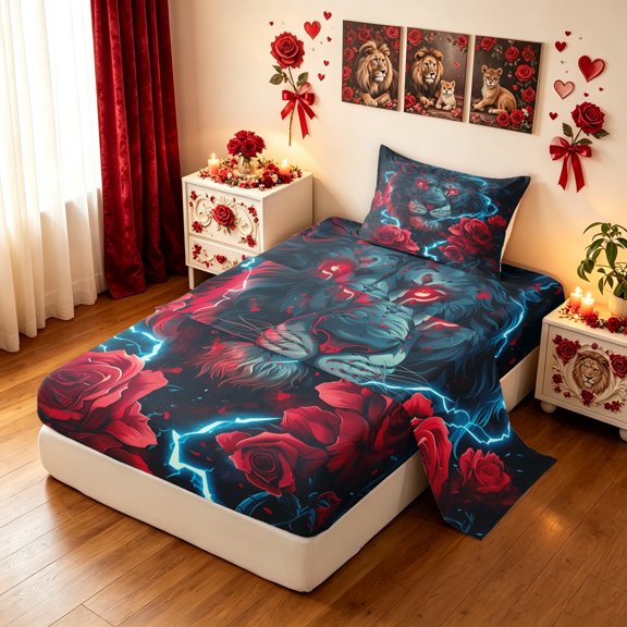 Manfei Magical Lion Twin Sheets, Valentine's Day Red Rose Bedding, Dark Blue Red, 3pcs, 1 Flat Sheet, 1 Fitted Sheet and 1 Pillowcase