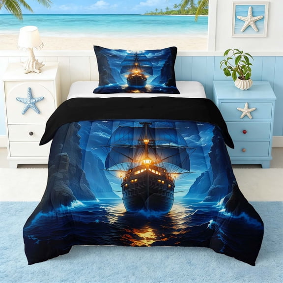 Manfei Magical Moonlit Sailboat Twin Comforter Sets for Kids Boys and Girls, Canyon Ocean Nautical Bedding Set, Black Reversible 2pcs, 1 Comforter and 1 Pillowcase