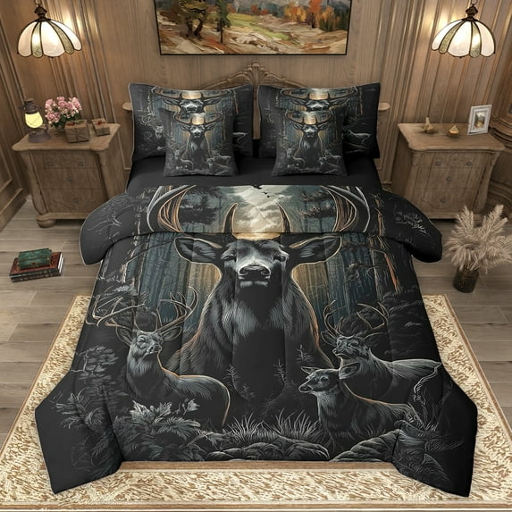 Homewish Magical Moose Elk Deer Twin Bedding Sets 7-Piece, Rustic Wildlife Bedding Comforter Set, Teens Kids Adult Men Reversible Sheet Sets, Luxury Bedroom Decor
