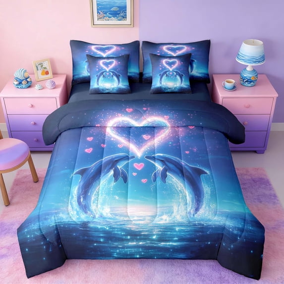 Manfei Magical Ocean Dolphin Twin Bedding Sets for Kids Boys and Girls, Romantic Coastal Print Bedding Comforter Set, Navy Reversible 7 Pieces