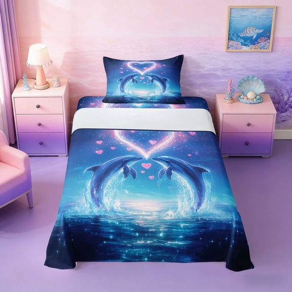 Manfei Magical Ocean Dolphin Twin Sheet Sets for Kids Boys and Girls, Romantic Coastal Print Bedding 3 Pieces, 1 Flat Sheet, 1 Fitted Sheet and 1 Pillowcase