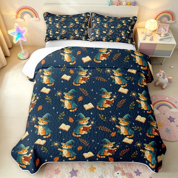Manfei Magical Pet Bed Spread Queen, Mystic Books Animal Queen Coverlet Set, Navy, 3pcs, 1 Quilt and 2 Pillowcases