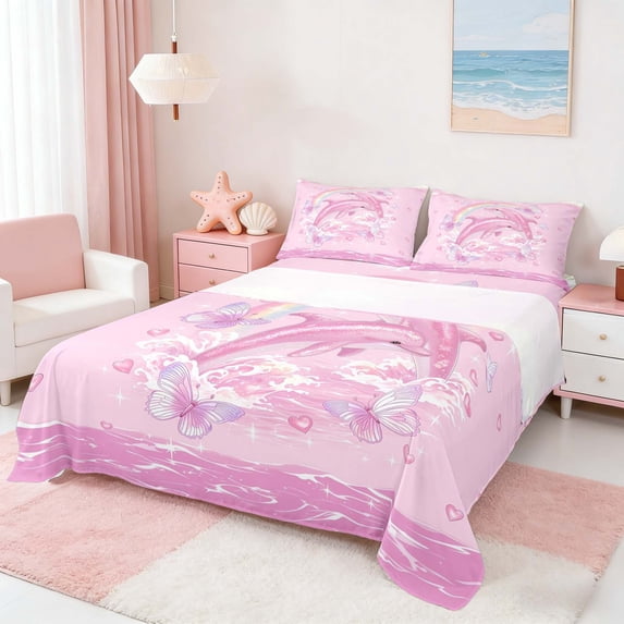 Manfei Magical Pink Dolphin Rainbow Heart Butterfly Queen Sheet Sets for Kids Boys and Girls, Marine Fantasy Print Bed Set 4pcs, 1 Flat Sheet, 1 Fitted Sheet and 2 Pillowcases
