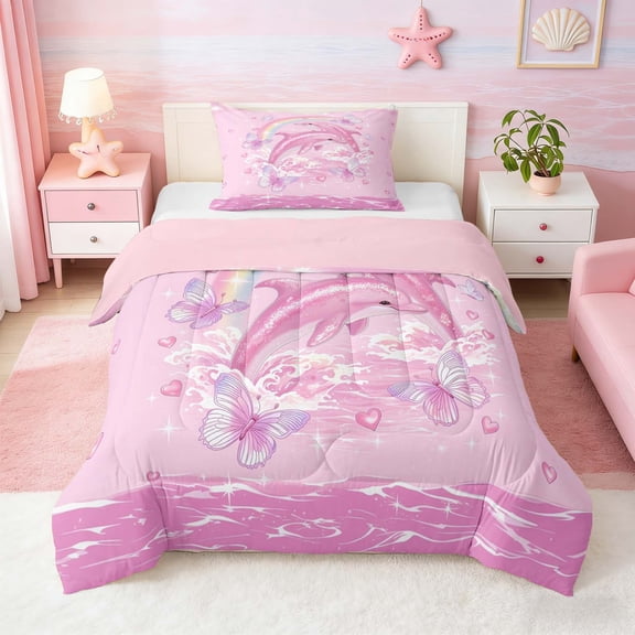 Manfei Magical Pink Dolphin Rainbow Heart Butterfly Twin Comforter Sets for Kids Boys and Girls, Marine Fantasy Print Bedding Set, Pink Reversible 2pcs, 1 Comforter and 1 Pillowcase