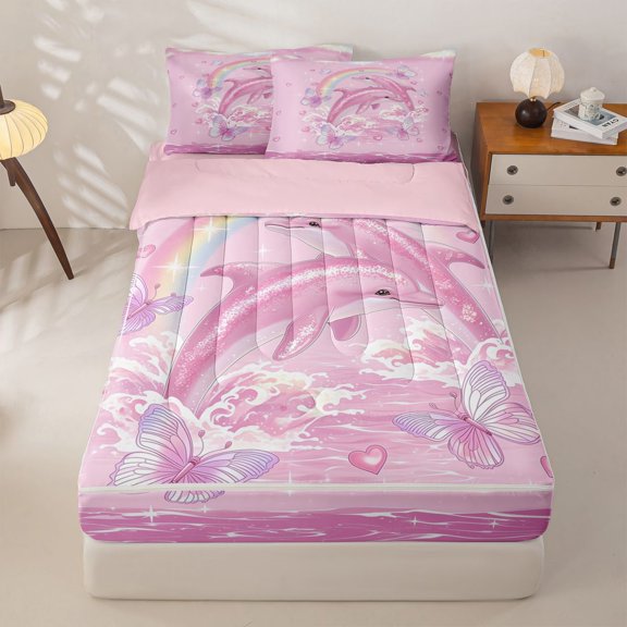 Manfei Magical Pink Dolphin Rainbow Heart Butterfly Zipper Twin Comforter Sets with Fitted Sheet and 2 Pillowcases, Marine Fantasy Print Zipper Bedding Set, Pink Reversible, 4 Pieces