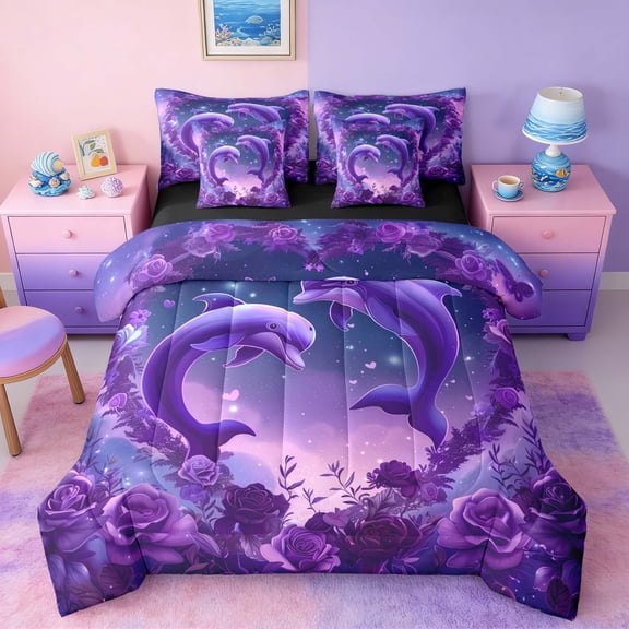 Manfei Magical Purple Dolphin Bedding Comforter Set for Kids Boys and Girls, Rose Heart Starry Sky Full Bedding Set, Black Reversible 7-Piece