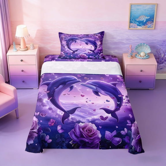 Manfei Magical Purple Dolphin Rose Heart Twin Sheet Sets for Kids Boys and Girls, Marine Fantasy Print Bedding 3pcs, 1 Flat Sheet, 1 Fitted Sheet and 1 Pillowcase