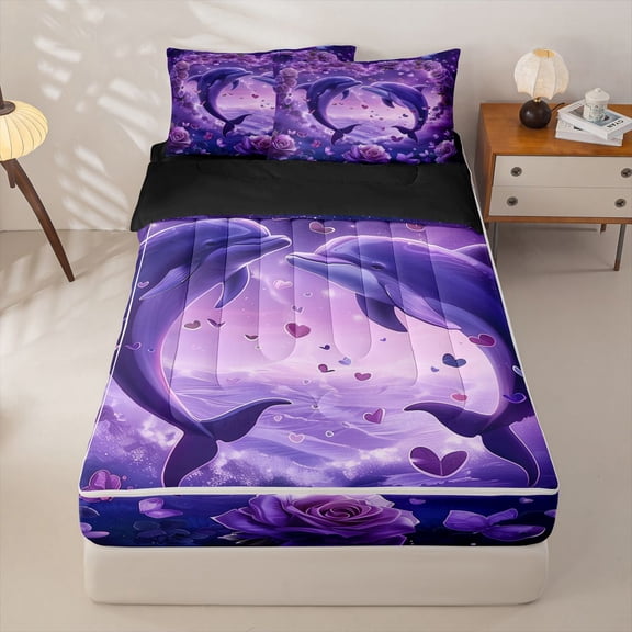 Manfei Magical Purple Dolphin Rose Heart Zipper Twin Comforter Sets with Fitted Sheet and 2 Pillowcases for Kids Boys and Girls, Marine Fantasy Print Zipper Bedding Set, Black Reversible, 4 Pieces