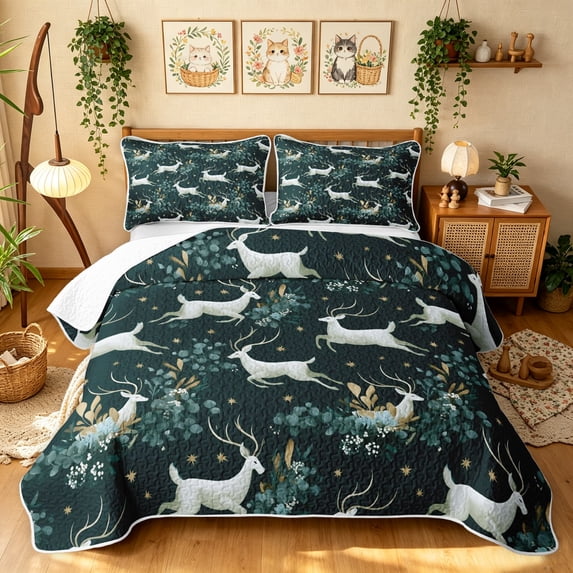 Manfei Magical Reindeer Bed Spread Queen, Ink Flower Plant Queen Coverlet Set, Black Teal, Black Reversible, 3 Pieces, 1 Quilt and 2 Pillowcases