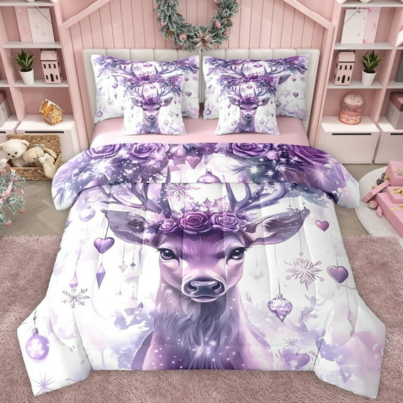 Manfei Magical Reindeer Moose Bedding Comforter Set 7pcs, Fashion Purple Diamond King Bedding Sets, Kawaii Christmas Animal Reversible Bed Sheets, Breathable Home Decor