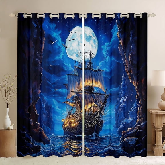 Manfei Magical Sailboat Canyon Ocean Black Out Curtains for Kids Boys and Girls, Nautical Fantasy Print Curtains Pack of 2 (42x63 Each)