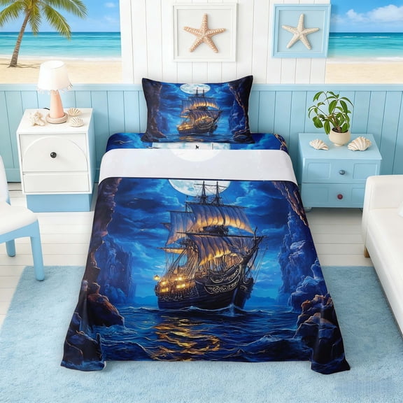 Manfei Magical Sailboat Canyon Ocean Twin Sheet Sets for Kids Boys and Girls, Nautical Fantasy Print Bedding 3-Piece, 1 Flat Sheet, 1 Fitted Sheet and 1 Pillowcase
