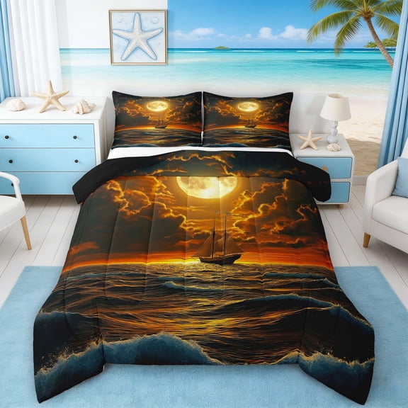 Manfei Magical Sailing Ship Queen Comforter Set for Kids Boys and Girls, Full Moon Ocean Bedding Comforter Set, Black Reversible 3 Pieces, 1 Comforter and 2 Pillowcases