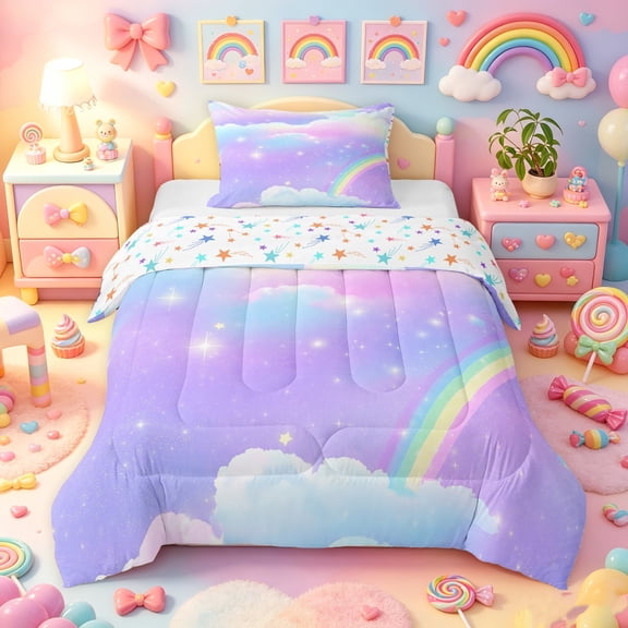 Manfei Magical Sky Twin Comforter Sets, Dreamy Stars Cloud Bedding Set, Purple, Stars Reversible, 2 Pieces, 1 Comforter and 1 Pillowcase
