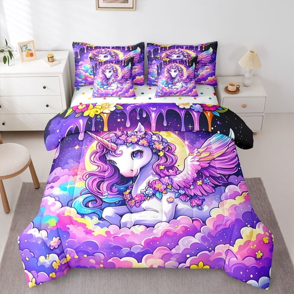 Manfei Magical Unicorn 7-Piece Twin Bedding,Flower Moon Bedding Comforter Set,Purple Multicolor,Polkadot Reversible