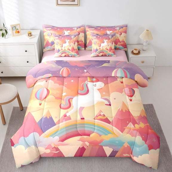Manfei Magical Unicorn 7-Piece Twin Bedding,Hot Air Balloon Bedding Comforter Set,Peach Multicolor,Pink Reversible