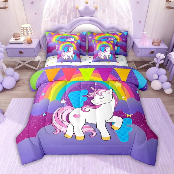 Manfei Magical Unicorn Bed in a Bag King size, Initial Letter F Bedding Sets King Size, Cartoon Rainbow Reversible Comforter Sets with Sheets, Microfiber Room Decoration, 7pcs