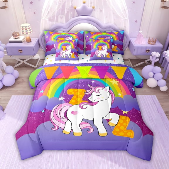 Manfei Magical Unicorn Bedding Full Size, Initial Letter Z Bed Set, Cartoon Rainbow Reversible Bed in a Bag Full size, Microfiber Room Decorative, 7pcs