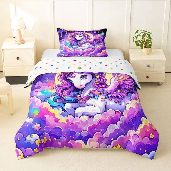 Manfei Magical Unicorn Twin Comforter Sets,Flower Moon Bedding Set,Purple Multicolor,Polkadot Reversible,2pcs,1 Comforter and 1 Pillowcase