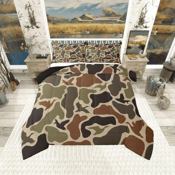 Manfei Mallard Duck 2pcs Bedding Comforter Set,Rustic Camouflage Twin Comforter Sets,Abstract Vintage Breathable Bedding Set,Breathable Animal Home Decor,Reversible