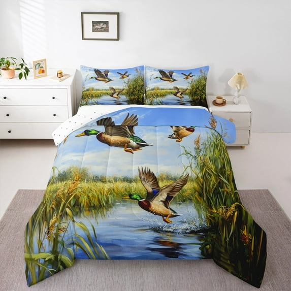 Manfei Mallard Duck 3-Piece Full Size Comforter Sets,Rustic Cabin Bedding Comforter Set,Botanical Plants Bedding Sets,Ultra Soft Animal Room Decor,Reversible
